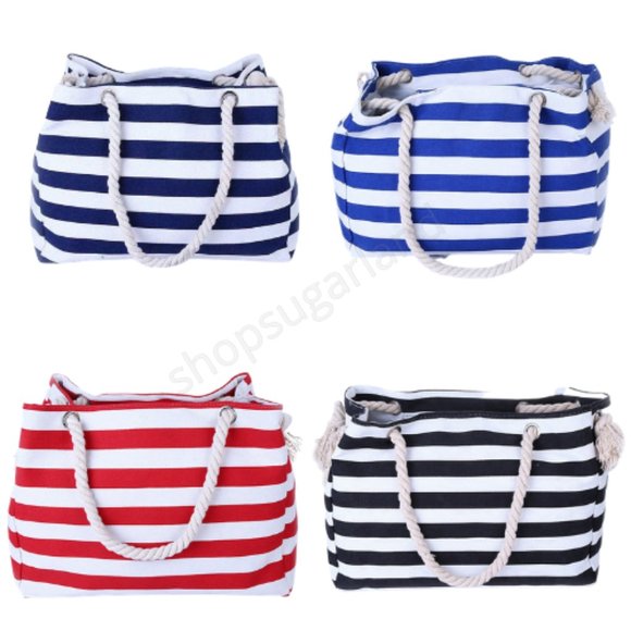 Navy Large Zipper Stripe tote beach bag - Picture 2 of 5